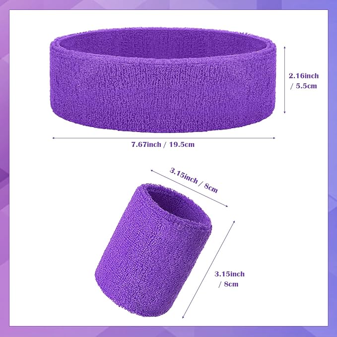 24 Pieces 80s Neon Sweatbands Set, Include 8 Sports Headbands and 16 Sweat Wristbands Elastic Athletic Tennis Sweat Bands Bulk for Man Woman