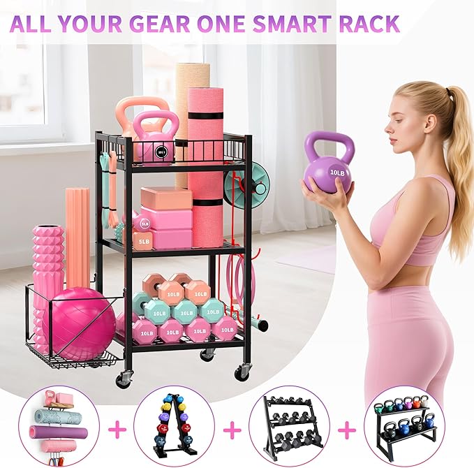 3-Tier Home Gym Storage Rack, Adjustable Yoga Mat Storage Rack, 250LBS Metal Workout Equipment Storage Cart with Large Basket & Lockable Wheels for Mats, Bands, Foam Rollers, Yoga Block (Rack Only)