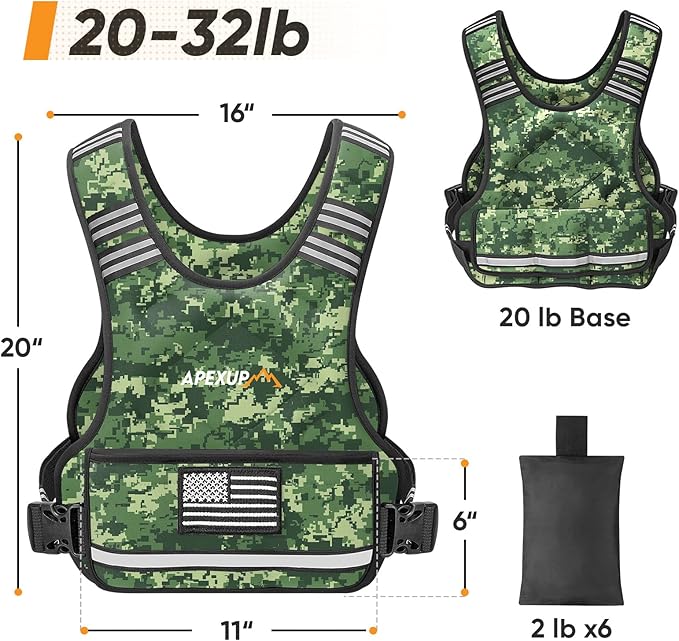 APEXUP Adjustable Weighted Vest, 4-10lb/12-18lb/20-32lb Vest with 6 Ironsand Weights and Large Pocket, Weight Vest for Men Women Strength Training, Running, Walking