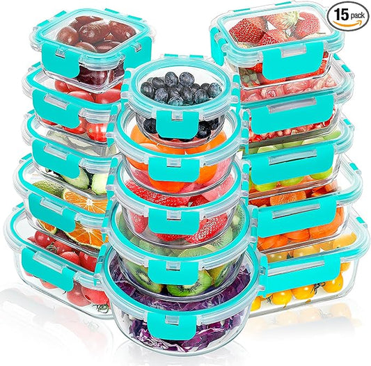 VERONES 30 Pieces Glass Meal Prep Containers Set, Stackable Glass Food Storage Containers with Lids-Airtight Glass Lunch Containers,for Microwave, Oven, Freezer & Dishwasher,Green