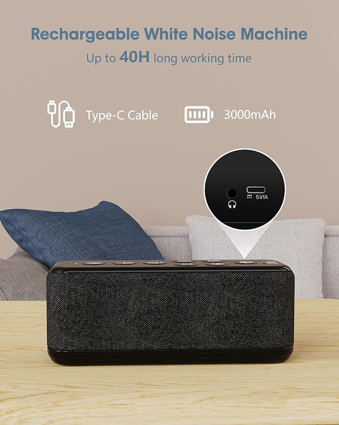 Sound Machine with Bluetooth,Wireless Rechargeable White Noise Machine,40H Long Runtime,Stereo Speakers,30/60/120m Timer,Memory Function,Portable Noise Machine for Sleeping/Office Privacy/Travel/Relax