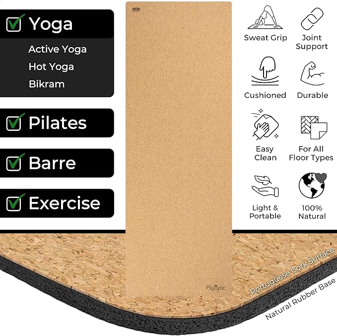 Ultimate Cork Yoga Mat – Non-Slip Ultra-Premium Cork | Thicker, Longer & Wider for Extra Comfort | 100% Natural Grip & Eco Friendly | Optional Alignment Lines | For Yoga, Bikram & Hot Yoga