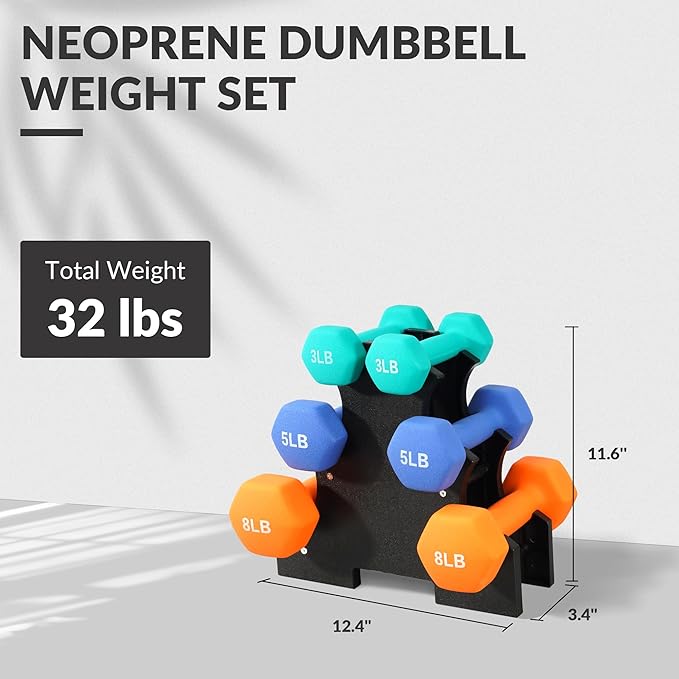 Neoprene Dumbbell Set for Women 2-5 lb | 3 Pairs Hand Weights Set with Rack, Hex Anti-Roll, Color-Coded Home Gym Gifts