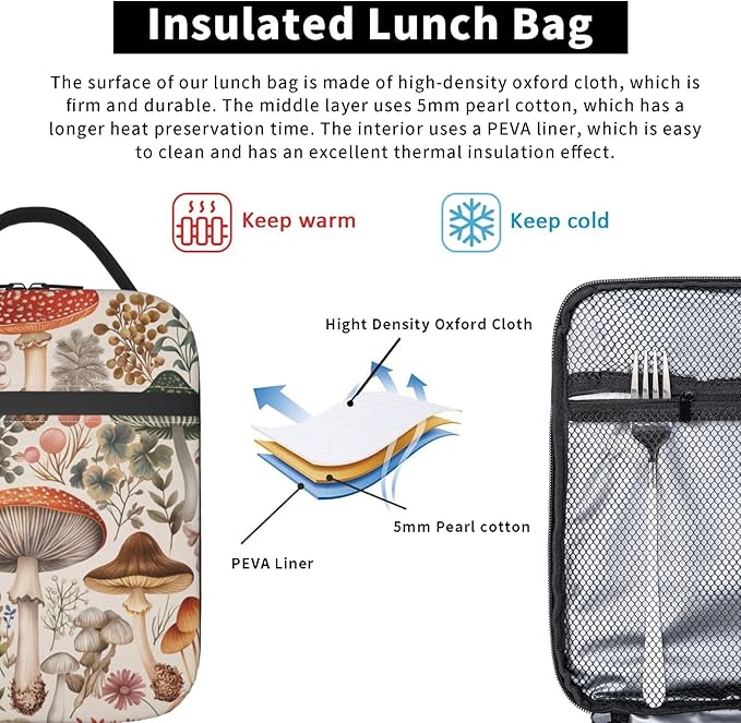Lunch Box for Women Men, Mushroom Insulated Lunch Box Reusable Portable Lunch Bag Cooler Tote Waterproof Lunch Container for Office Picnic Work Travel Hiking