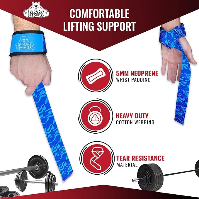 Bear Grips Lifting Straps - Gym & Weightlifting Straps for Men & Women, Deadlift Support, 2 Pairs