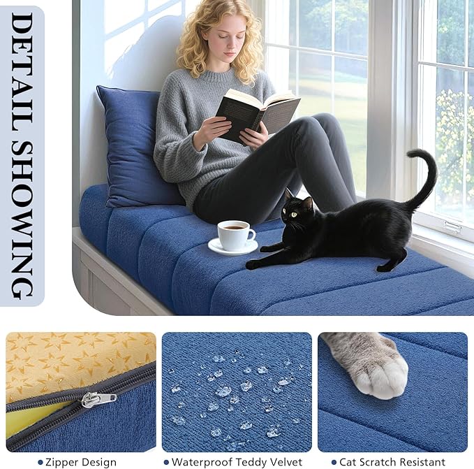 Wenqik Bench Cushion 48x18x4 Inch for Indoor Outdoor Furniture Tufted Thicken Bay Window Seat Cushion Non Slip Waterproof Dining Piano Bench Pad Pillow Anti Cat Scratch for Patio Porch Swing, Blue