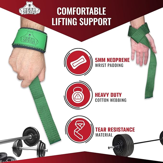 Bear Grips Lifting Straps - Gym & Weightlifting Straps for Men & Women, Deadlift Support, 2 Pairs