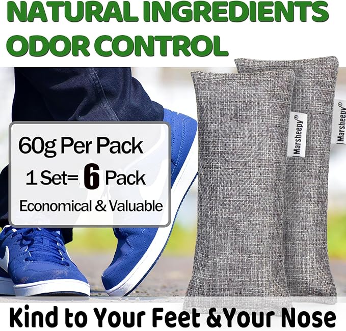 Marsheepy 6 Pack Activated Charcoal Odor Absorber Bags, Shoe Deodorizer insert and Shoe Odor Remover, 100% Natural Shoes Smell Remover,Shoe Odor Eliminatorr (60g X 6 PACK)