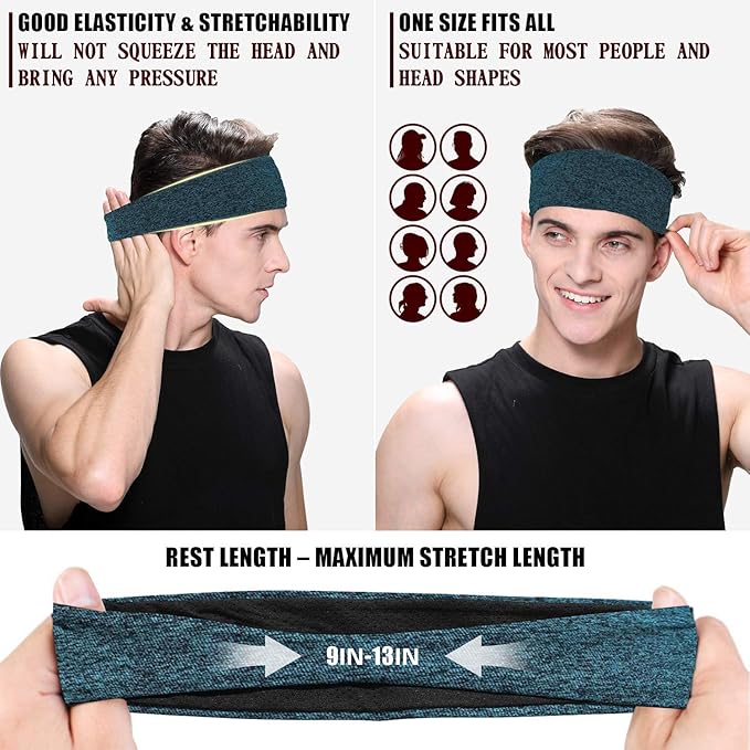 Braylin 5-Pack Breathable Sport Headbands for Men, Sweat-Wicking, Elastic Stretch