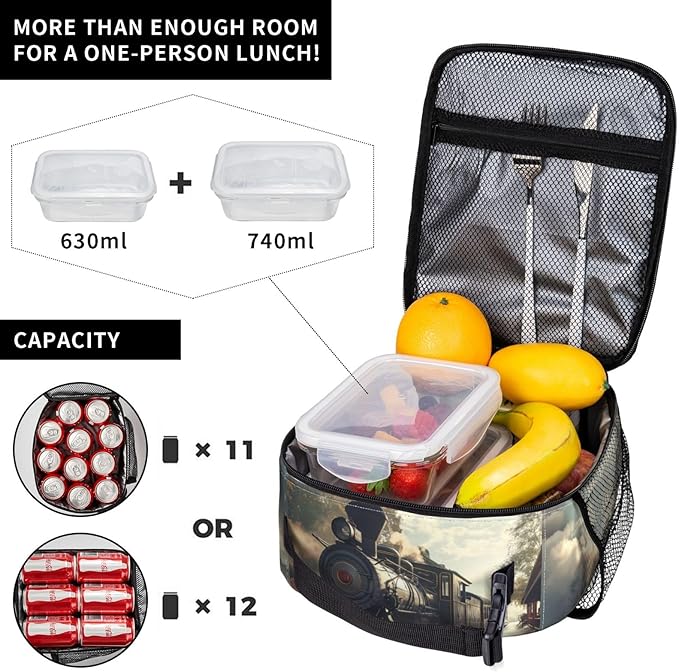 Insulated Lunch Box for Women Men, Vintage Train Lunch Box Reusable Portable Lunch Bag Cooler Tote Waterproof Lunch Container for Office Picnic Work Travel Hiking