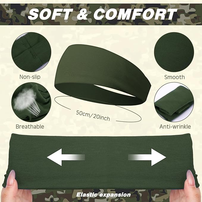 18 Pcs Sports Sweatbands for Men Women Camo Headbands Workout Non Slip Headbands Breathable Head Band Fitness Stretchy Unisex Hairband for Yoga Running Cycling Ball