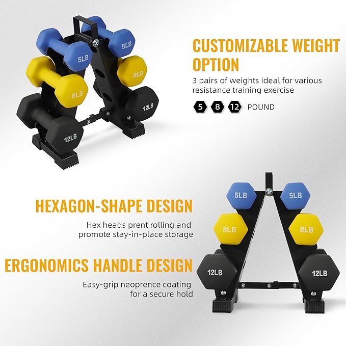 Colored Neoprene Dumbbell Set with Rack, Multiple Weight Options, 20LBS, 32LBS, 50LBS and 56LBS Sets