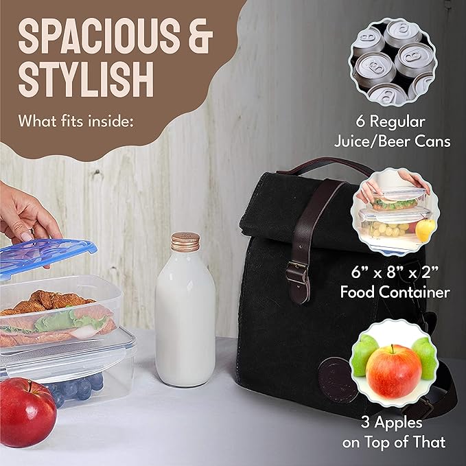 Insulated Lunch Bag for Women & Men - Reusable & Leak Proof Lunch Box Cooler Bag for Work, Beach, Travel for Adults with Shoulder Strap, Father's Day Gift - Waxed Canvas (Black) - Reusable Bag