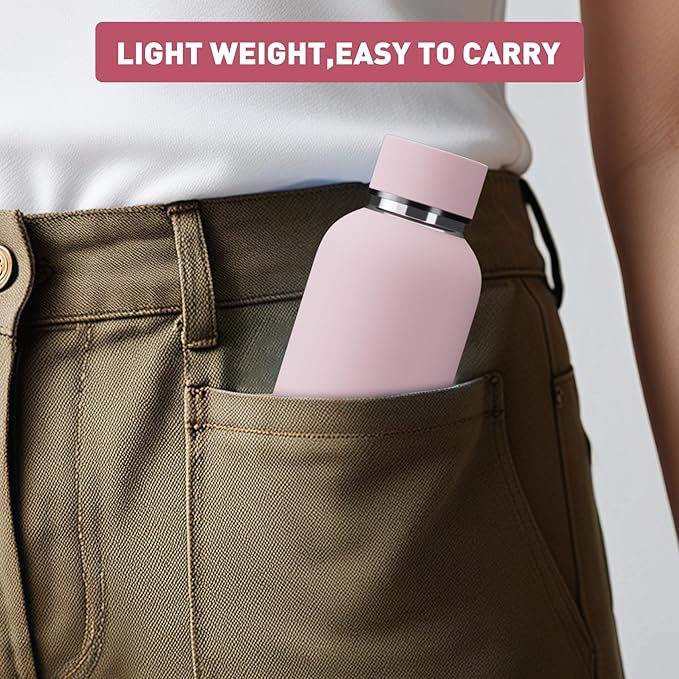 Small Water Bottle 12oz with Clip, Double Wall Stainless Steel Vacuum Small Insulated Water Bottle Keeps Drinks Cold 24 Hrs/Hot 12 Hrs for Kids Handbag School BPA Free (Pink)