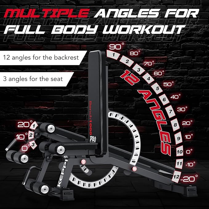 Keppi 1200LB Weight Bench, Heavy Duty Bench1000 PRO Adjustable Workout Bench Press Set for Home Gym Strength Training, Removable Foot Catch for Incline Flat Decline Sit Up Bench for Full Body Fitness