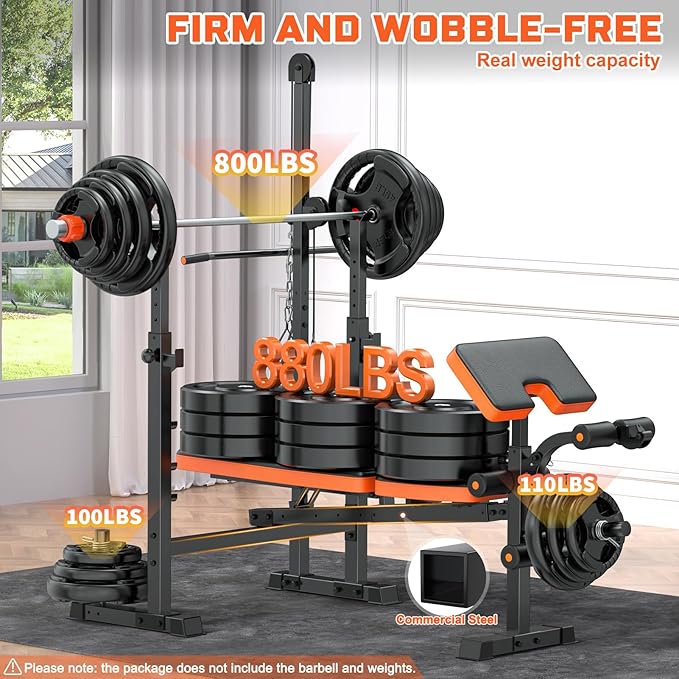 Fostoy Weight Bench, 770lbs Bench Press With Squat Rack, Adjustable Weight Benches for Home Gym, Olympic Workout Bench for Full Body Fitness, Flat Incline Bench With Removable Foot Catch