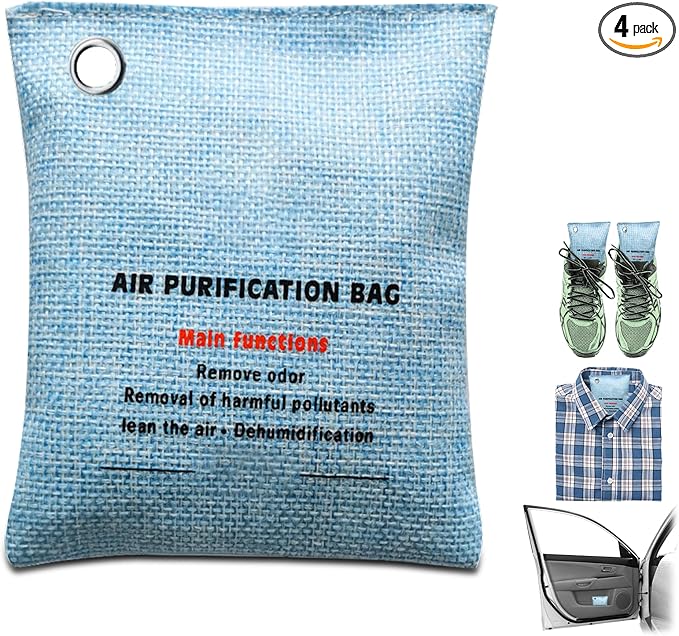 4 Pack charcoal odor absorber,Bamboo Charcoals Air Purifying Bag Charcoals Deodorizer Eliminator for Strong Odors in Car, Closet, Shoe, Basement (100G* 4 Pack Blue, Unscented)