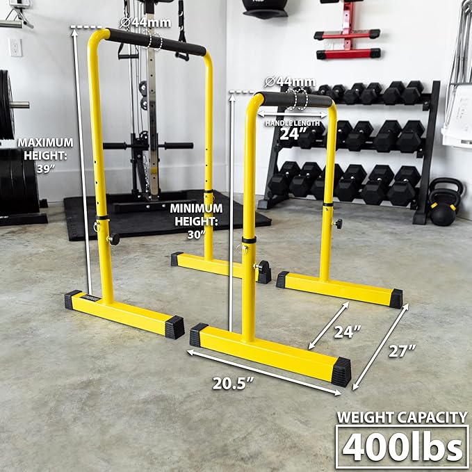 Synergee Dip Bar. Adjustable Dip Station from 30” – 39” for Dips, Inverted Pull Ups. Max capacity 400 lbs. Portable Dip Stand for Total Body Workout. Available in Yellow and Black.
