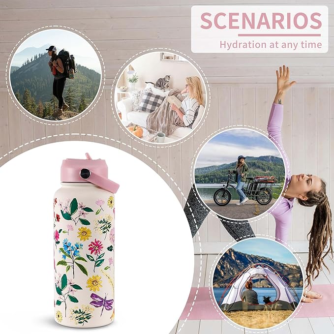 Goetland Flowers Water Bottle Beverage Bottle with Straw Lid 32 oz Stainless Steel Wide Mouth Vacuum Insulated Cute UV Printing Leak Proof For Women Girls Kids Little Pink