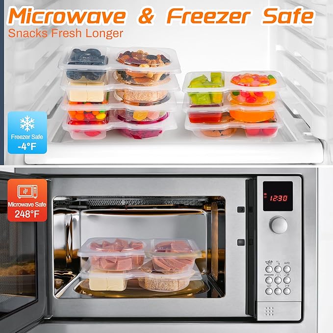 50 Pcs Reusable Snack Containers with Lids, nack containers for kids adults 10 Forks,snack pack containers - Lightweight and Stackable, Microwaveable/refrigerator safe