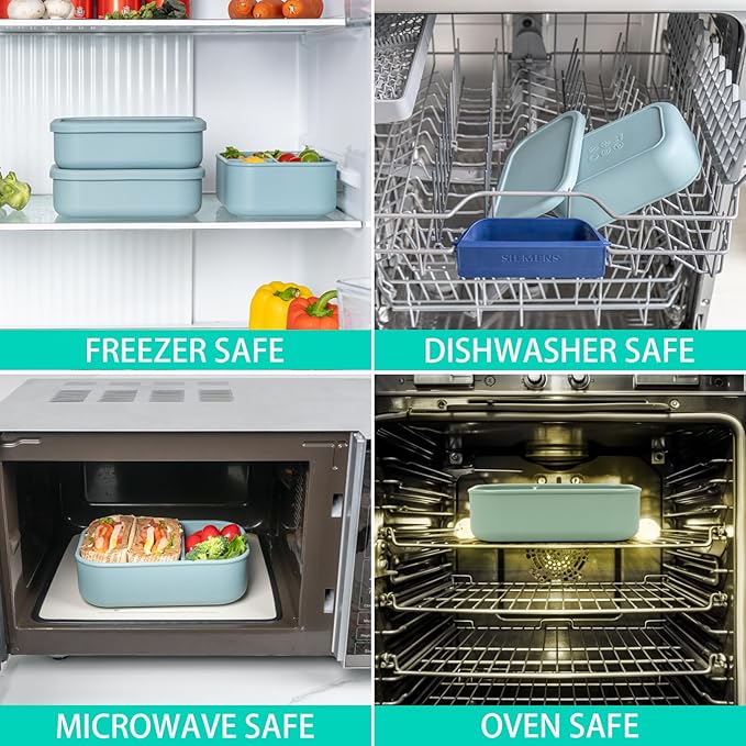 100% Silicone Bento Box Adult with 2 Compartments, 32oz, Reusable Divided Lunch Box Meal Prep Containers for Entree and Side Food Snack Storage, BPA-Free Plastic-Free, Microwave Dishwasher safe, Green