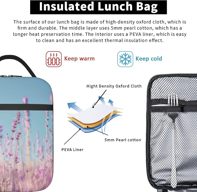 Lunch Box for Women Men, Lavender Insulated Lunch Box Reusable Portable Lunch Bag Cooler Tote Waterproof Lunch Container for Office Picnic Work Travel Hiking