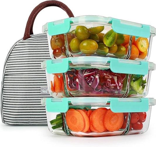DAS TRUST 3 Pack Bento Box Glass Meal Prep Containers with Lids - 3 Compartment Glass Food Storage Containers for Microwave Oven