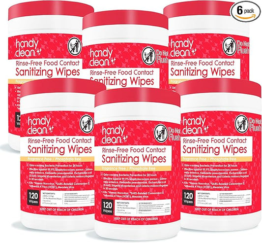 HandyClean Rinse-Free Food Contact Sanitizing Wipes Canister, Multi Surface Cleaning Wipes Cleaning Supplies for Kitchen and Professional Setting 6-Pack (120 Wipes Each)