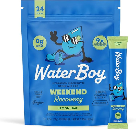 Waterboy Weekend Recovery | 3,200mg Electrolyte Powder Packets | Ginger + L-Theanine + Vitamins | No Sugar, All Natural, Gluten Free | 24 Drink Stick Mixes (Lemon Lime)