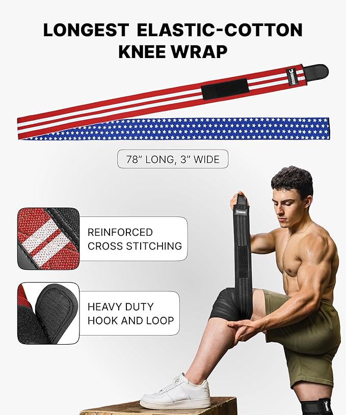 DMoose Fitness Knee Wraps for Weightlifting (Pair) – 78” Gym Brace Straps for Joint Stability & Pain Relief - Perfect for Squats & Working Out - USPA Approved Knee Wrap Supports for Men and Women