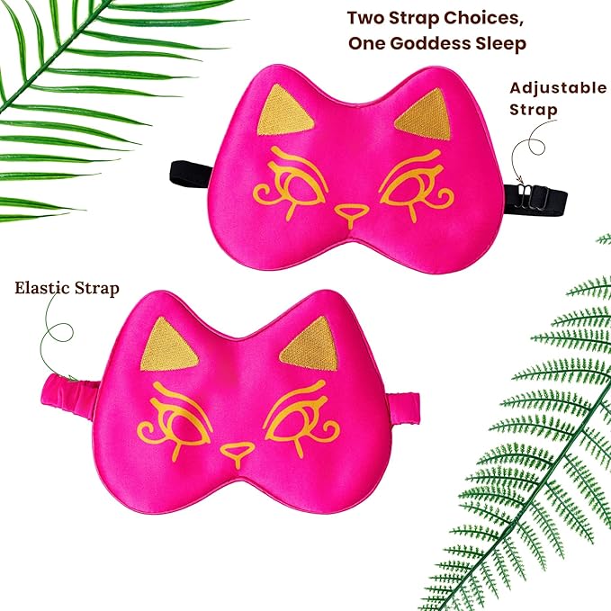 Silk Sleep Mask Blindfold Eye Mask for Sleep Cute Cat Print Embroidered Eye Cover Adjustable Oversized Egyptian Bastet with Gift Box&Pouch(Divine Fuchsia-Elastic Strap)