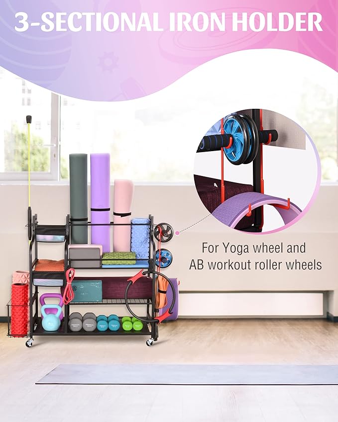 Mythinglogic Weight Rack for Dumbbells, Home Gym Storage for Yoga Mat Dumbbells Kettlebells and Strength Training Equipment, Dumbbell Rack with Wheels and Hanging Hooks