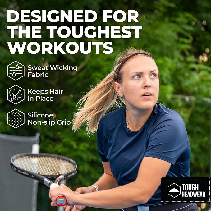 Tough Headwear Thin Elastic Headbands for Men - Sports Hair Head Band for Women & Men - Non Slip Mens Workout Headband - Running or Soccer Headband - 6-Pack