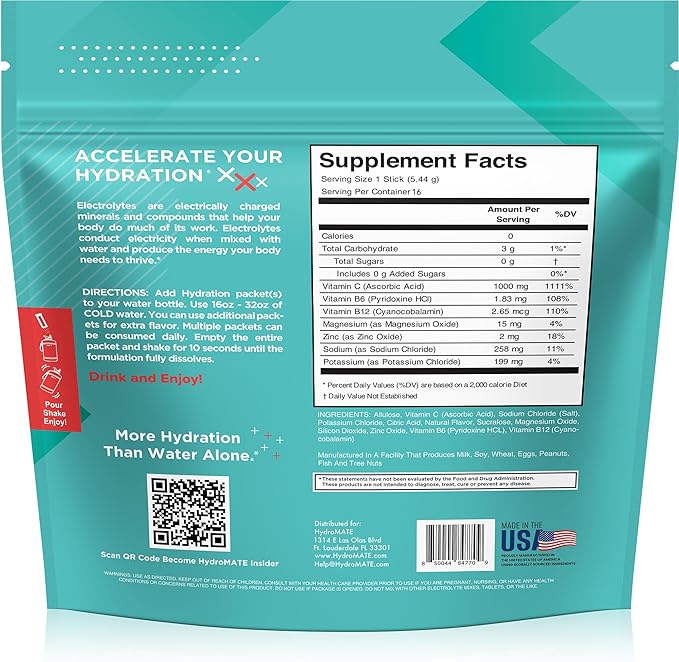 Electrolyte Powder Sugar-Free Hydration Packets Tropical Punch HydroMATE 30 Sticks