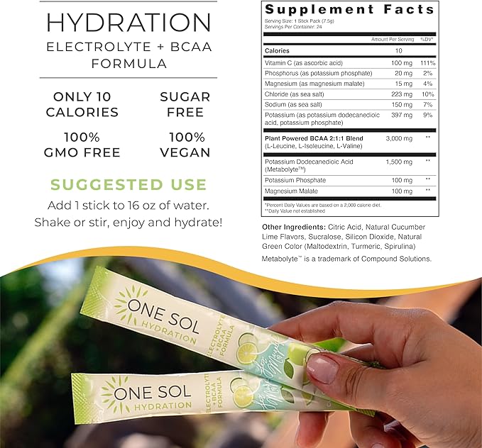 One Sol Hydration - Cucumber Lime - 24x On The Go Stick Packs - Electrolyte Powder Drink Mix - Energy Boost & Burn - Third Party Tested