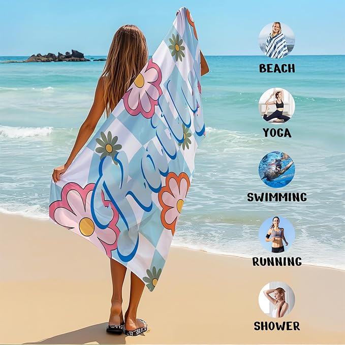 JML Personalized Beach Towel with Name, Custom Flower Beach Towel, Customized Microfiber Pool Towel, Quick Dry & Absorbent Swim Towel for Adult,Anniversary, Birthday, Summer Holiday,Vacation