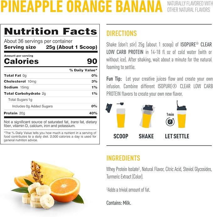 Isopure 100% Pure Whey Isolate Protein Powder Infusions, Lactose Free, Gluten Free, Naturally Flavored, Pineapple Orange Banana, 20g Protein Per Serving, 1.9 Lb, 36 Servings