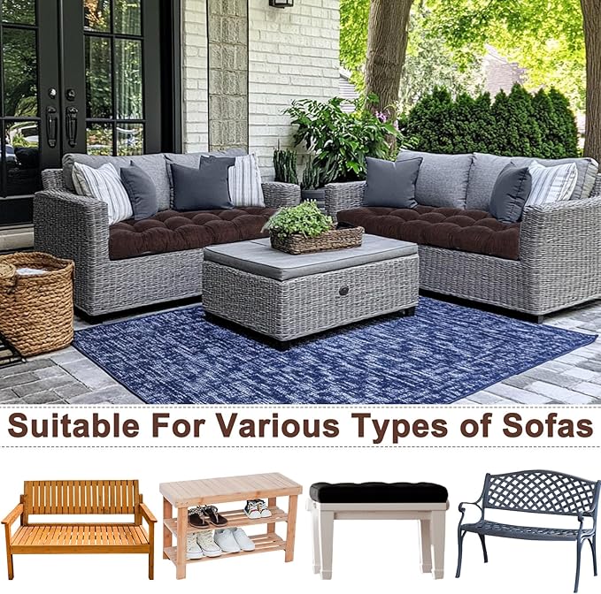 2 Pack Outdoor Bench Cushion Patio Waterproof Porch Swing Cushions Tufted Memory Foam Bench Seat Pads Thicken Non Slip for Outside Indoor Garden Furniture Wicker Loveseat Settee(Brown,42x16 Inch)