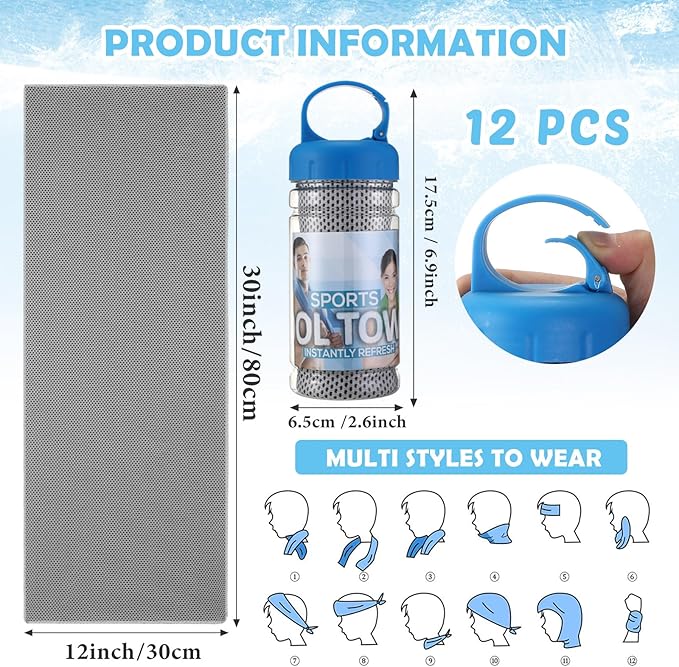 12 Pack 32 x 12 in Cooling Towels Bulk for Neck and Face Microfiber Ice Towel Sweat Towels Breathable Soft Chilly Towel Portable Cool Neck Rags for Yoga Sport Gym Workout Fitness