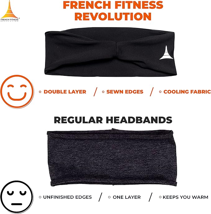 French Fitness Revolution - Stretchy Sports Headband for Men & Women - Guys Sweatband for Running, Cycling, Basketball, Yoga, Fitness - Moisture Wicking Workout Hairband - Made in Europe