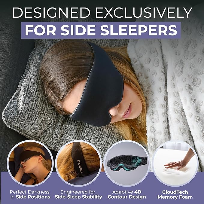 Sleep Mask for Side Sleepers – Exclusively Designed for Menopause, Insomnia, and Sleep Disorders, Light Blocking 4D Eye Mask with Adjustable Fit, Includes Earplugs & Travel Pouch
