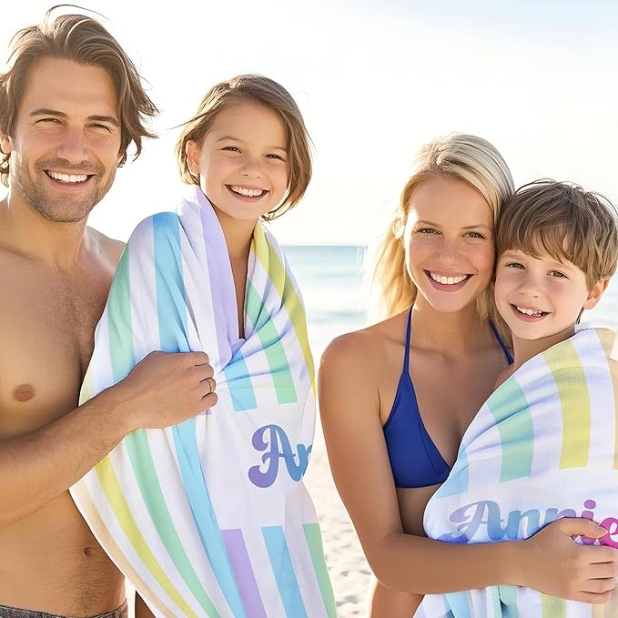 JML Personalized Beach Towel with Name, Custom Rainbow Cabana Stripe Beach Towel, Customized Microfiber Pool Towel, Quick Dry & Absorbent Swim Towel for Adult,Anniversary, Birthday, Summer Holiday