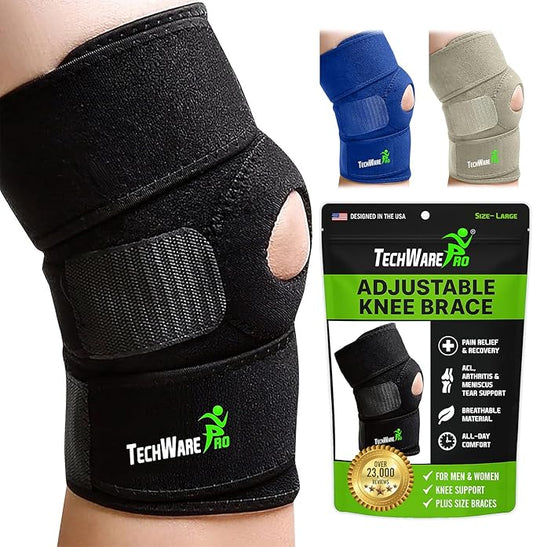 TechWare Pro Knee Brace Support - Knee Braces for Knee Pain. Relieves ACL, LCL, MCL, Meniscus Tear, Arthritis, Tendonitis Pain. Dual Stabilizers Non Slip Neoprene. Adjustable Bi-Directional Straps -5 Sizes