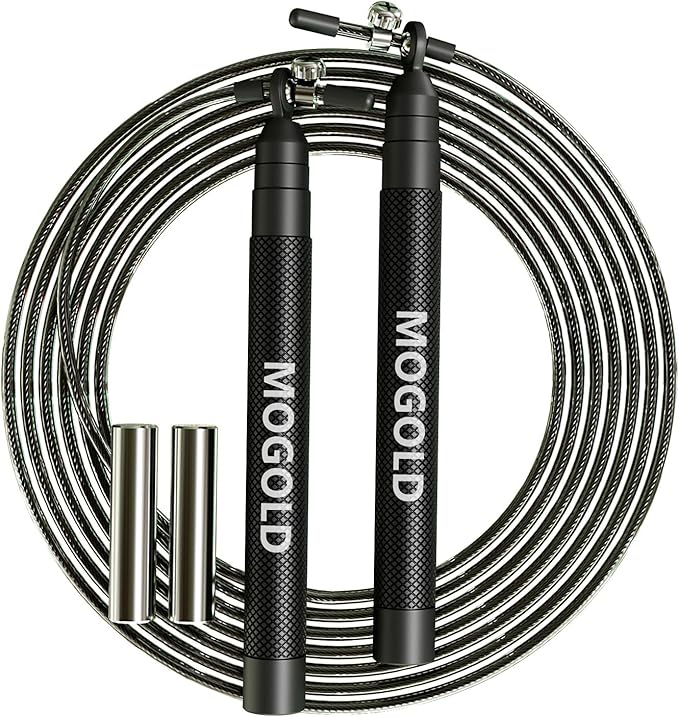 speed jump rope incl. 2 PVC Steel Cables 2.0mm/3.0mm| Ideal for Crossfit, Fitness, Boxing and Easy Double Under | Metal Jump Rope with Weights for Fitness Women and Men Premium Bearing Balls | Carry Pouch&Spare Screws