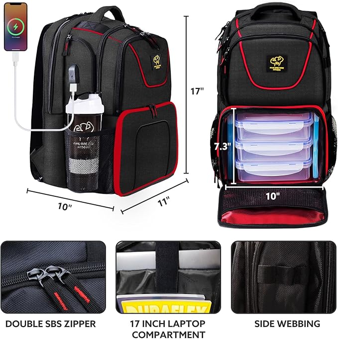 519 Fitness Meal Prep Backpack,Insulated Cooler Lunch Backpack with Computer Compartment,Hiking Picnic Cooler Backpack For Men and Women,3 Meal Containers,2 Ice Packs and Protein Shaker Included