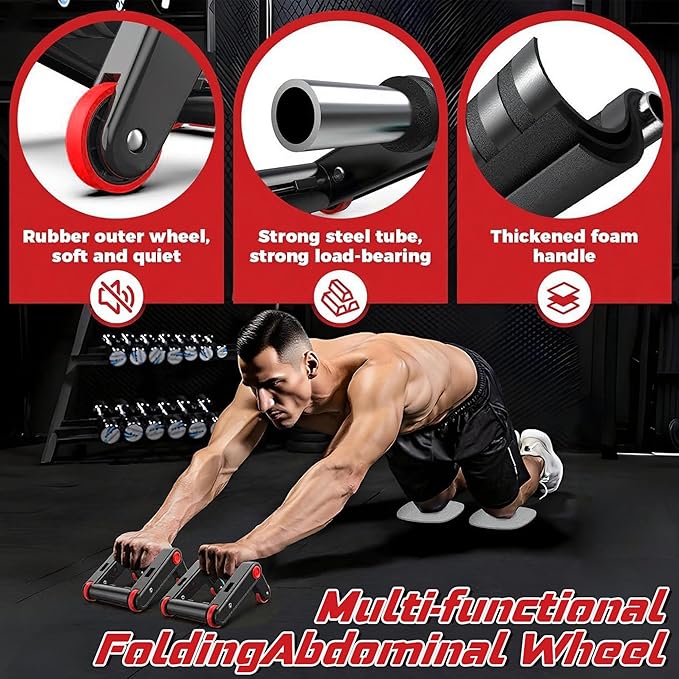 Heavy-Duty Push Up Bars & Ab Roller Wheel Set – 2-in-1 Core Strength Training Equipment for Home Gym, 500LB Capacity, Non-Slip Handles with Knee Pad for Men and Women