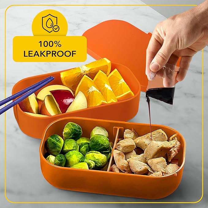 Insulated Stackable Bento Box for Adults with Reusable Chopsticks Japanese Lunch Box Microwavable & Leak Proof Lunch Containers for Men & Women Modern Cute Food Container with Compartments (Orange)