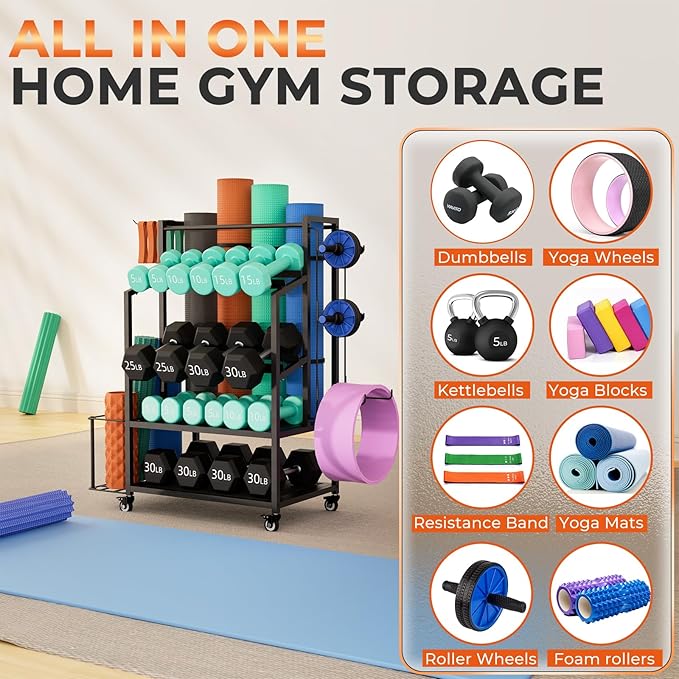 600LBS Dumbbell Rack Weight Stand - Bonvork Adjustable Weight Rack for Dumbbells, Home Gym Storage Rack for Yoga Mat Foam Roller Kettlebells, Workout Equipment Storage Organizer With Wheels