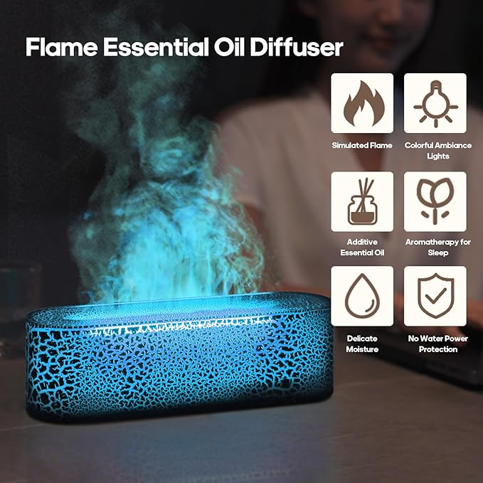 Essential Oil Air Diffuser Flame Colorful Water Vapor Fire Fireplace Humidifier for Aromatherapy Aroma Machine for Room Bedroom