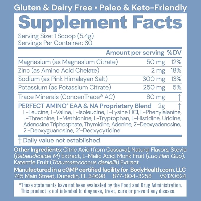 BodyHealth PerfectAmino Electrolytes Powder No Sugar, Keto Sugar Free Fasting Electrolytes Drink Mix, Hydration Powder with Trace Minerals - Orange - 60 Servings